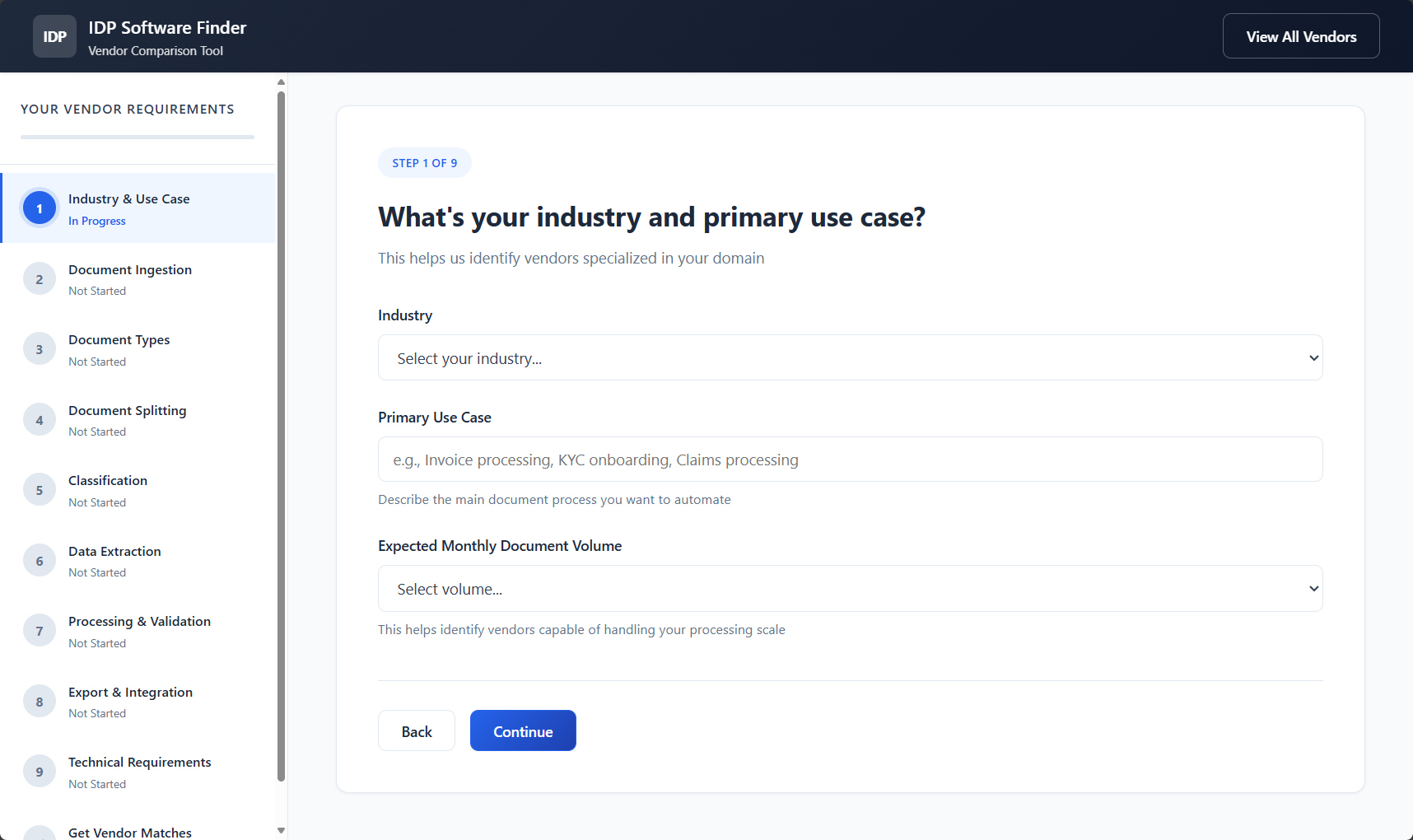 IDP Vendor Finder Tool - Interactive questionnaire to find the perfect IDP solution